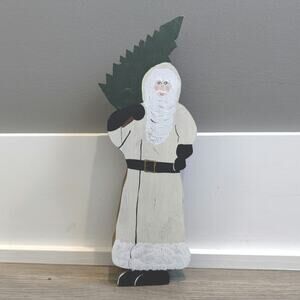 Vintage Hand painted Wood Santa with Trees Decor